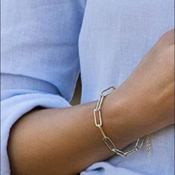 14k Gold Rectangle Link Chain Bracelet - Picture 1 of 6